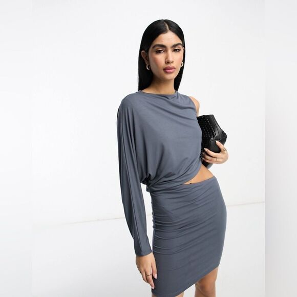ASOS DESIGN one sleeve mini tee dress with cut out waist in slate gray - Picture 1 of 1